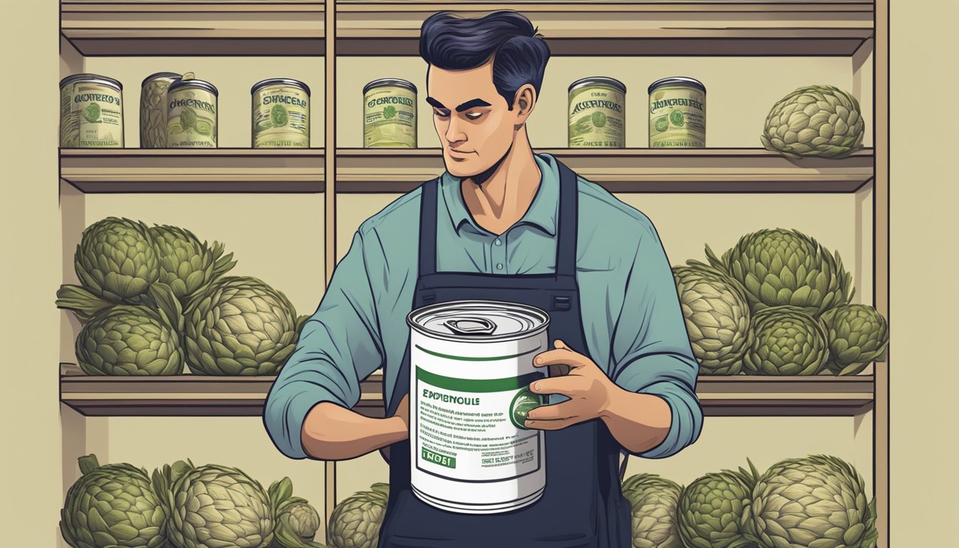 A person holding a can of expired artichokes, looking at the expiration date with a concerned expression