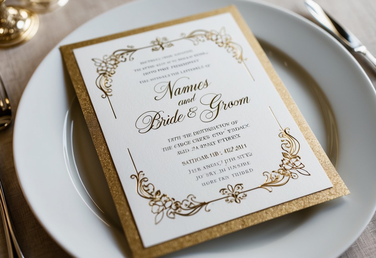 A wedding invitation with elegant calligraphy and a decorative border, featuring the names of the bride and groom in a prominent position