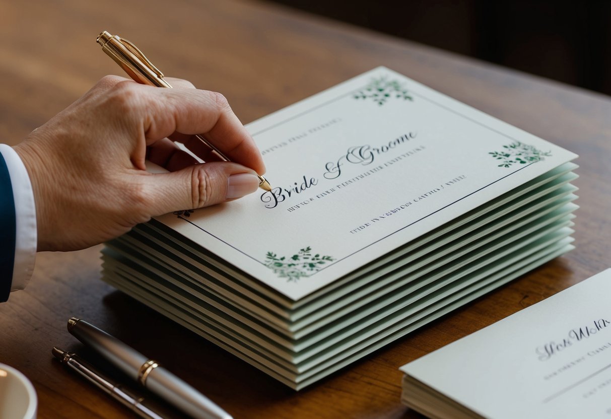 A hand placing the final touches on a stack of elegant wedding invitations, with a pen poised to write the names of the bride and groom