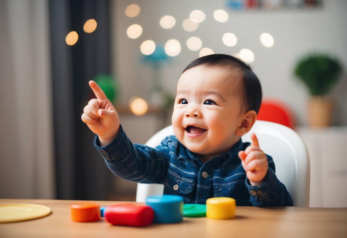 A 14-month-old points to objects and babbles with a few recognizable words, such as "mama" or "dada."