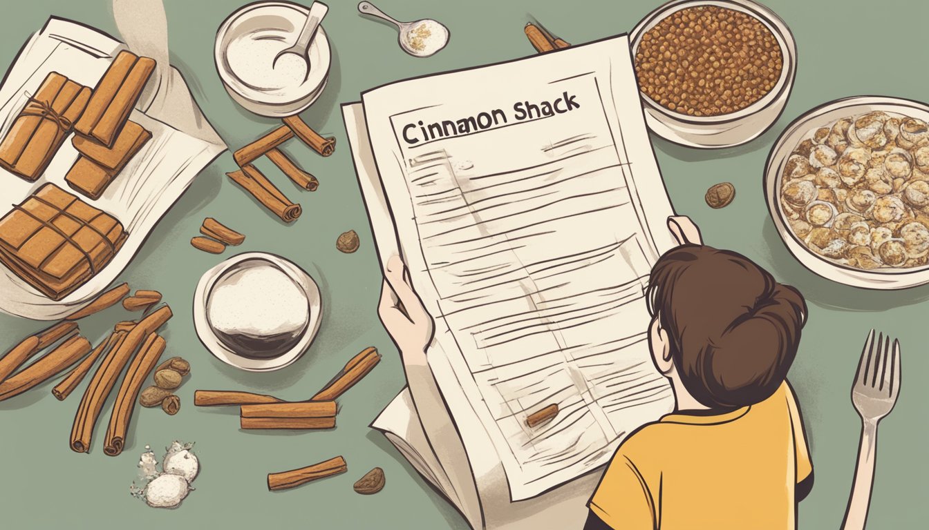 A person holding a cinnamon stick while looking at a list of food items, with a question mark above their head