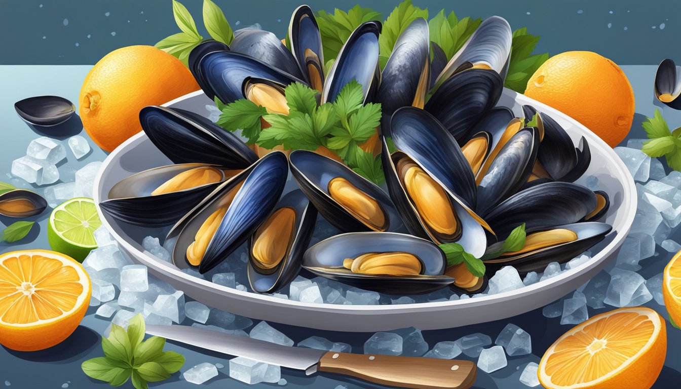 A pile of fresh mussels on a bed of ice, surrounded by vibrant herbs and citrus fruits, with a chef's knife and cutting board nearby