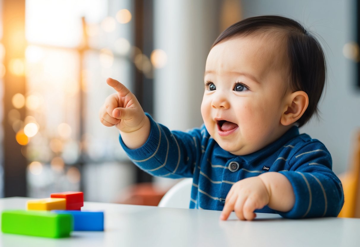 A 14-month-old pointing to objects and attempting to say simple words like "mama" or "dada."