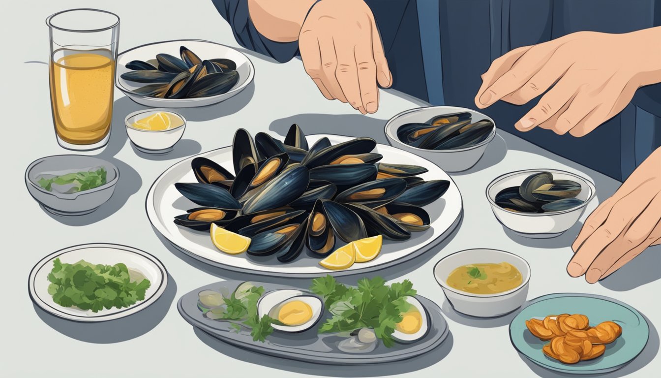 A person with a weak immune system hesitantly looks at a plate of raw mussels on a table