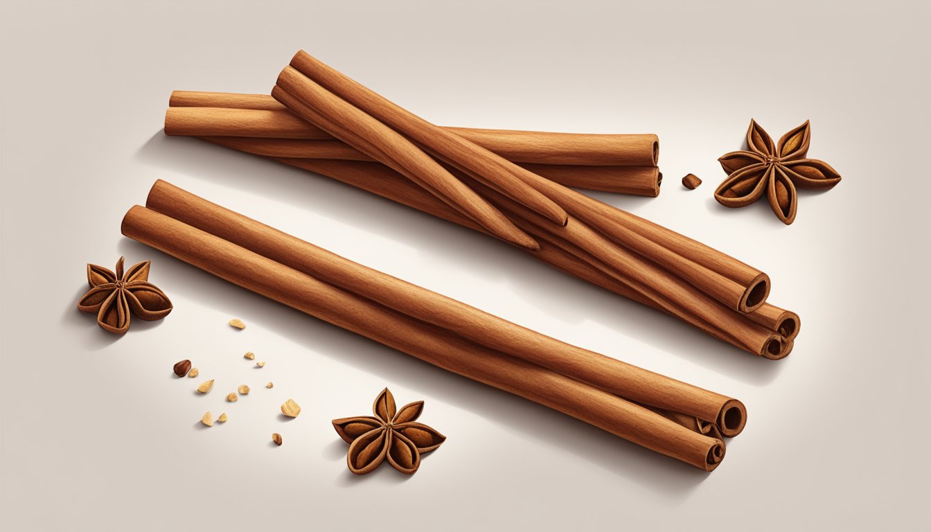 A pile of cinnamon sticks on a clean, white surface, with a few scattered loose pieces and a soft, warm light casting shadows