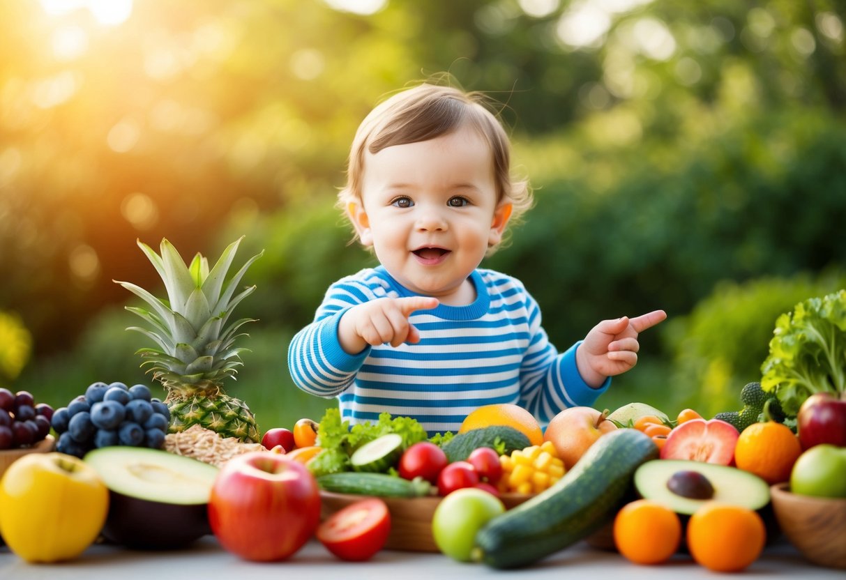 A 14-month-old child surrounded by a variety of healthy foods, such as fruits, vegetables, and whole grains, while pointing and vocalizing