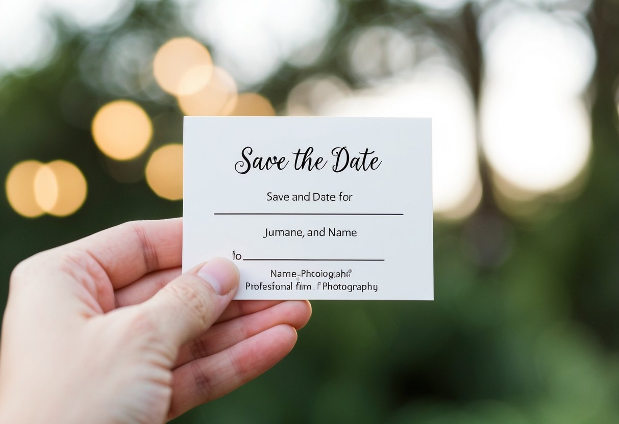 A hand holding a blank save the date card with space for a full name