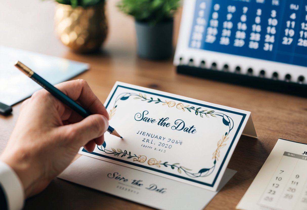 A hand holding a pencil, writing on a save-the-date card with decorative elements and a calendar in the background