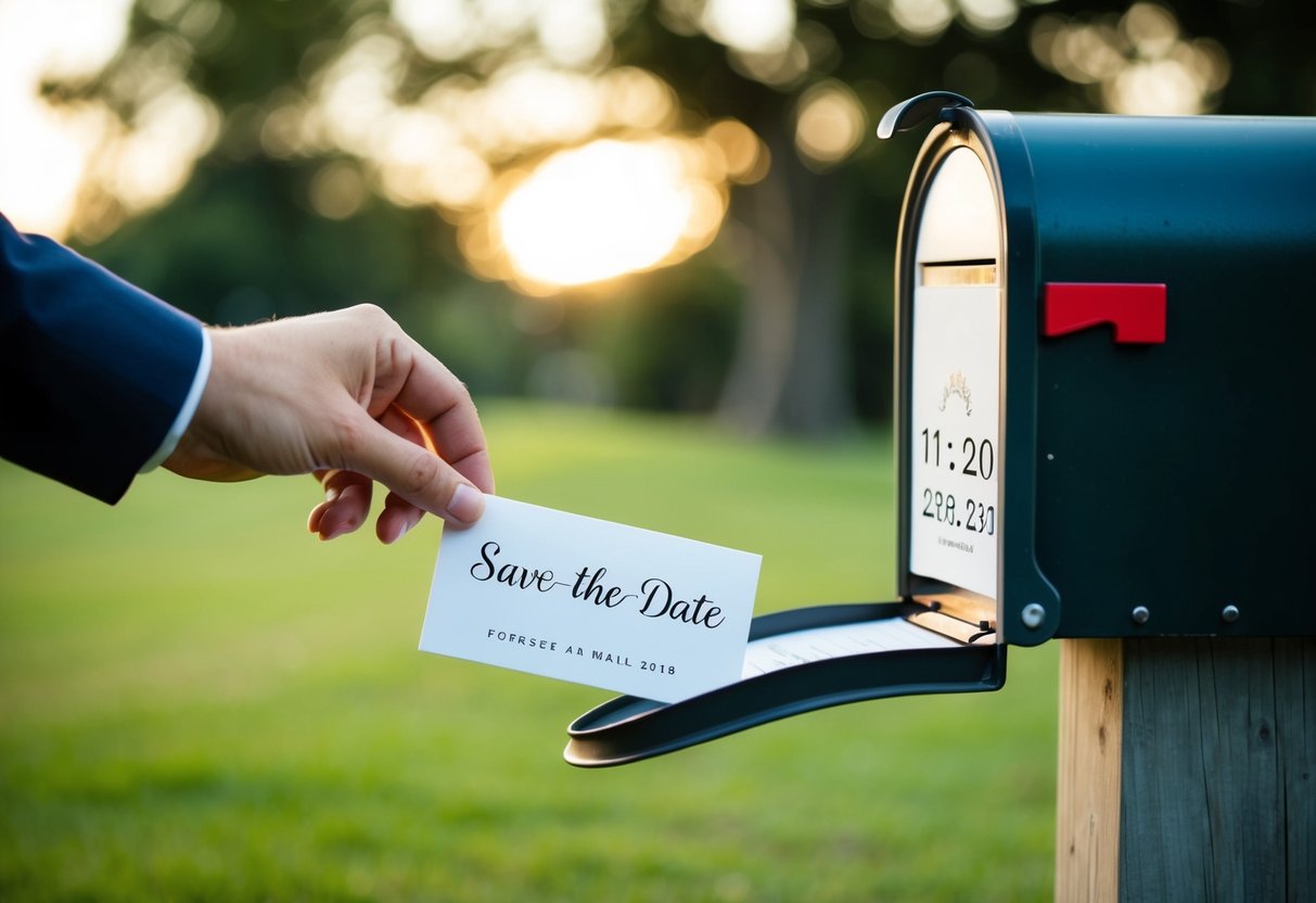 A hand placing a Save-the-Date card into a mailbox