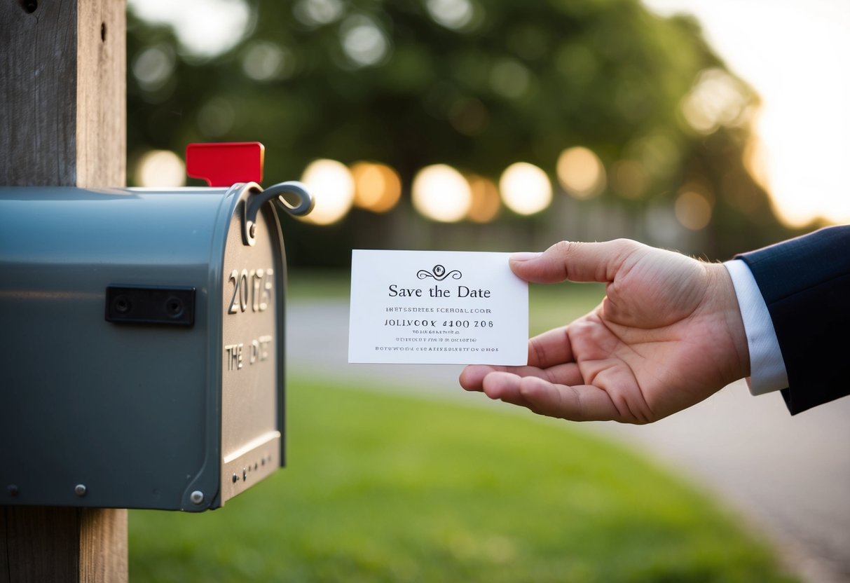 A hand placing a save-the-date card in a mailbox
