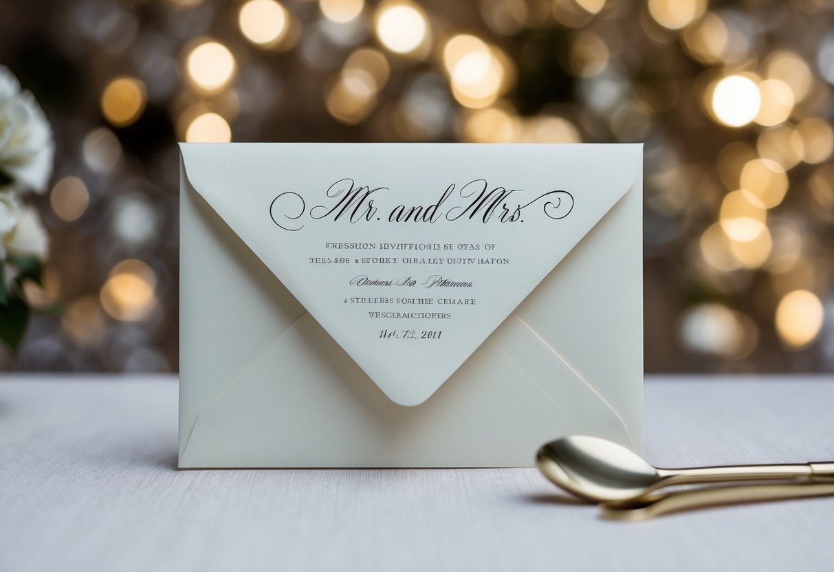 A hand-addressed wedding invitation envelope with "Mr. and Mrs." written in elegant calligraphy
