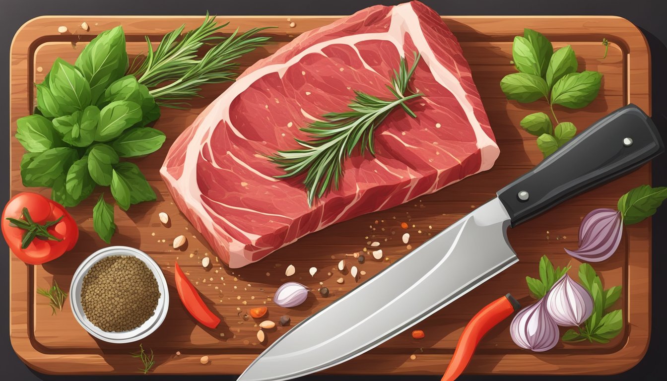 A raw steak on a wooden cutting board, surrounded by fresh herbs and spices, with a sharp knife nearby