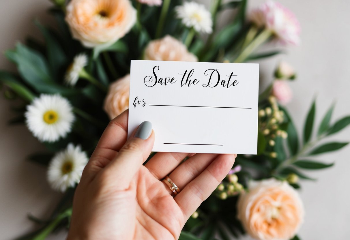 A hand holding a "Save the Date" card with a blank space for a name, surrounded by flowers and decorative elements