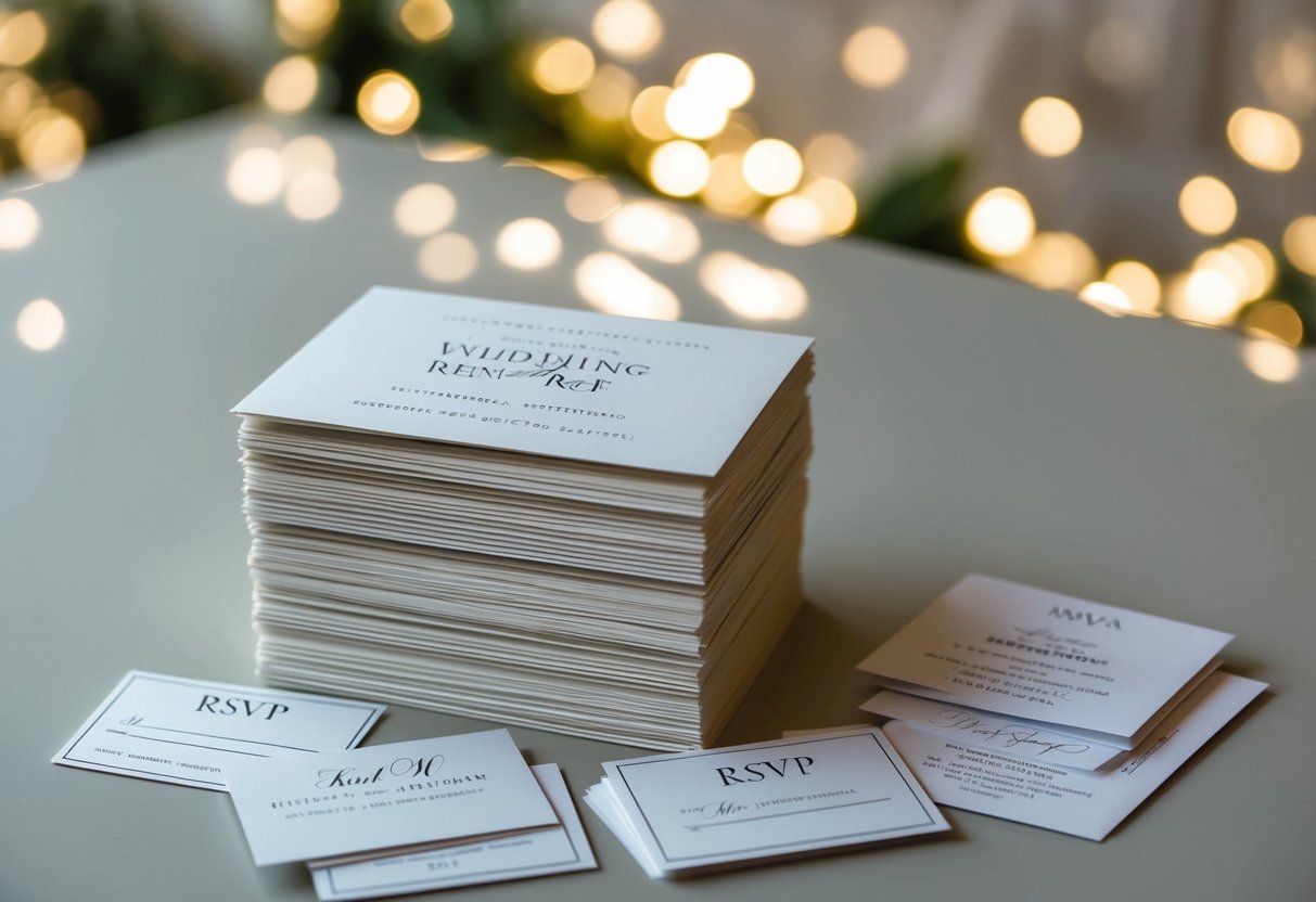 A stack of wedding invitations with varying response dates and a collection of returned RSVP cards