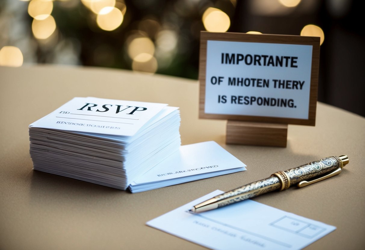 A stack of RSVP cards, some filled out and others blank, sit on a table next to a decorative pen and a sign indicating the importance of responding