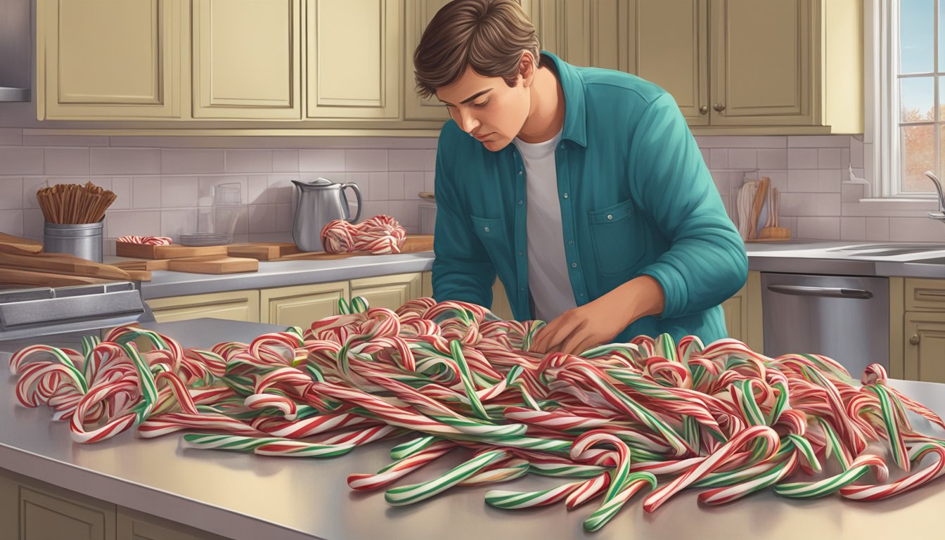 A pile of expired candy canes on a kitchen counter, with a concerned person inspecting them