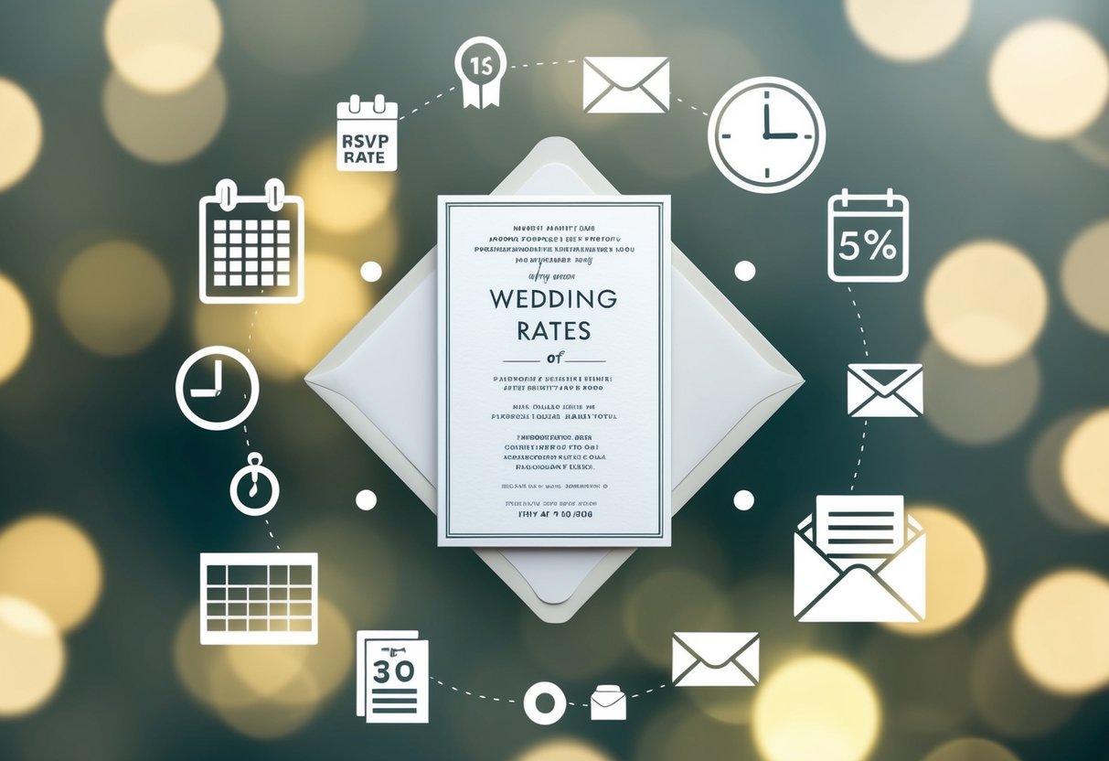 A wedding invitation surrounded by various symbols representing different factors influencing RSVP rates, such as calendar, clock, and mail