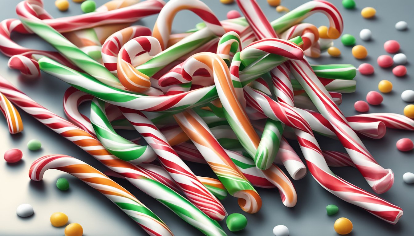 A pile of candy canes with faded wrappers, some broken, scattered on a kitchen counter