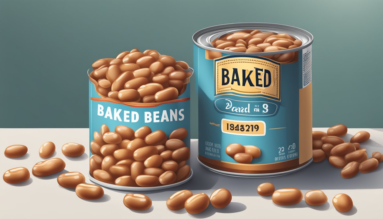 A can of baked beans with an expiration date on the label, surrounded by a few beans spilling out onto a countertop