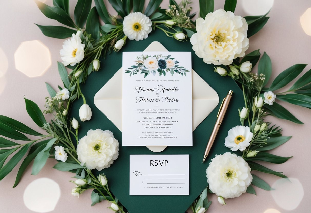 A wedding invitation surrounded by floral decorations and a pen, with a filled-out RSVP card placed next to it