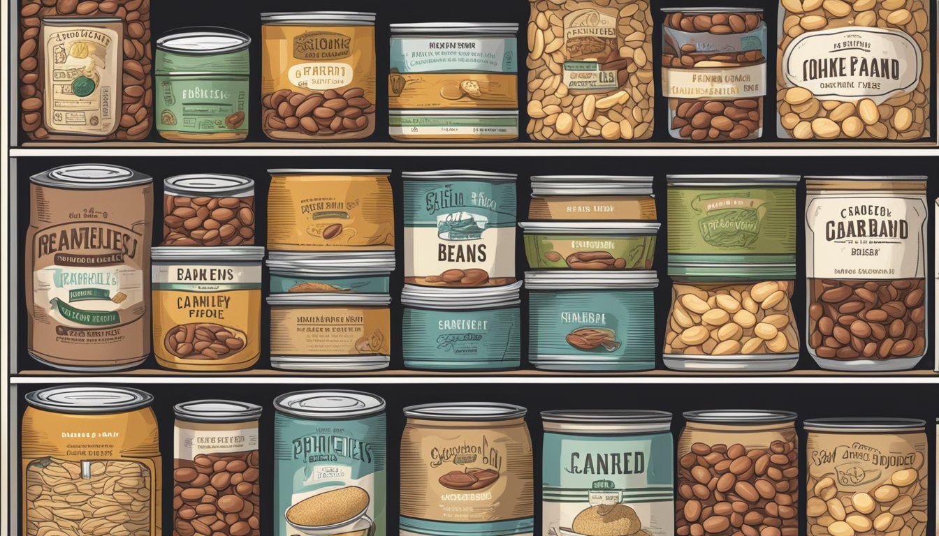 A pantry shelf with canned baked beans, some expired, others neatly organized and labeled