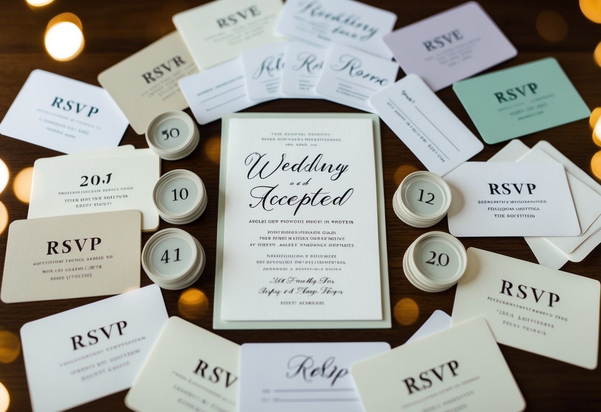 A wedding invitation surrounded by a mix of accepted and declined RSVP cards, with a higher number of accepted cards