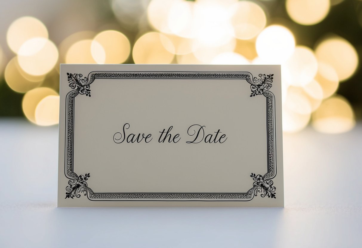 A stack of elegant save the date cards with a blank space for names and a decorative border