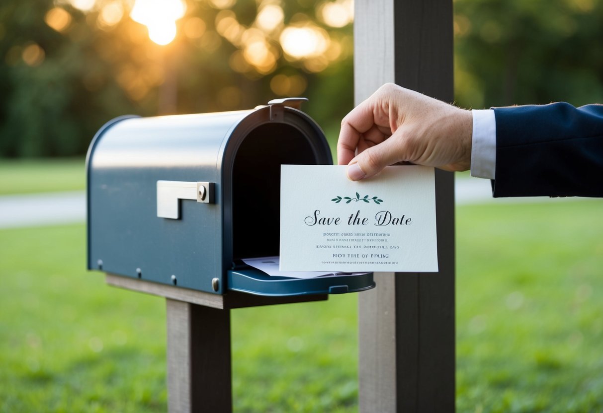 A hand placing a save the date card into a mailbox