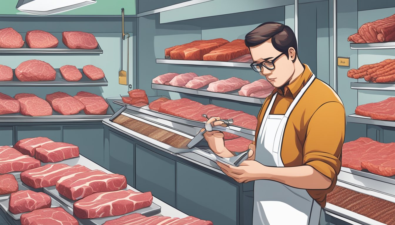 A person examining raw meat with a concerned expression, while a thermometer and a food safety guide sit nearby