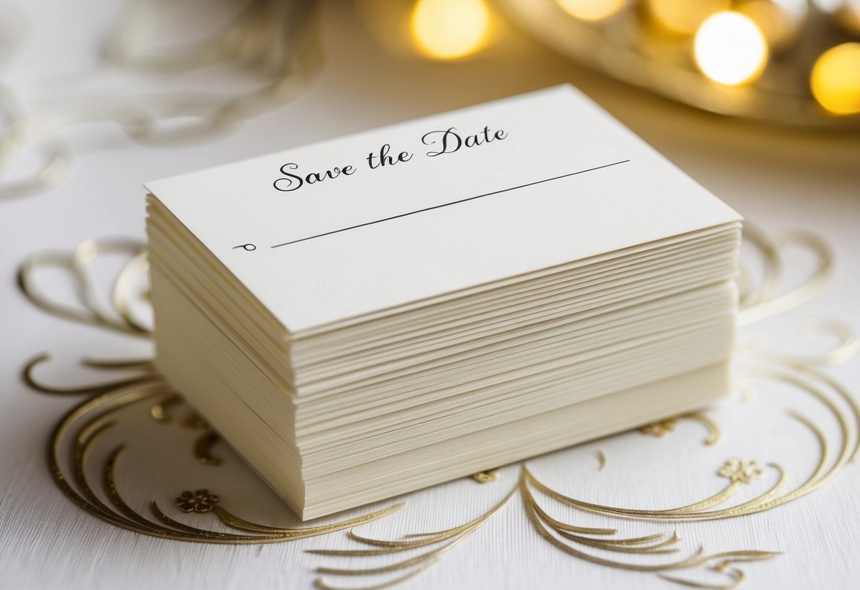A stack of elegant save the date cards with a blank space for names and a decorative design in the background