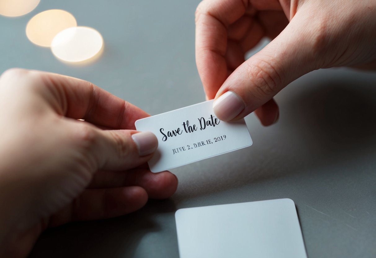 A hand placing a label on a save the date card