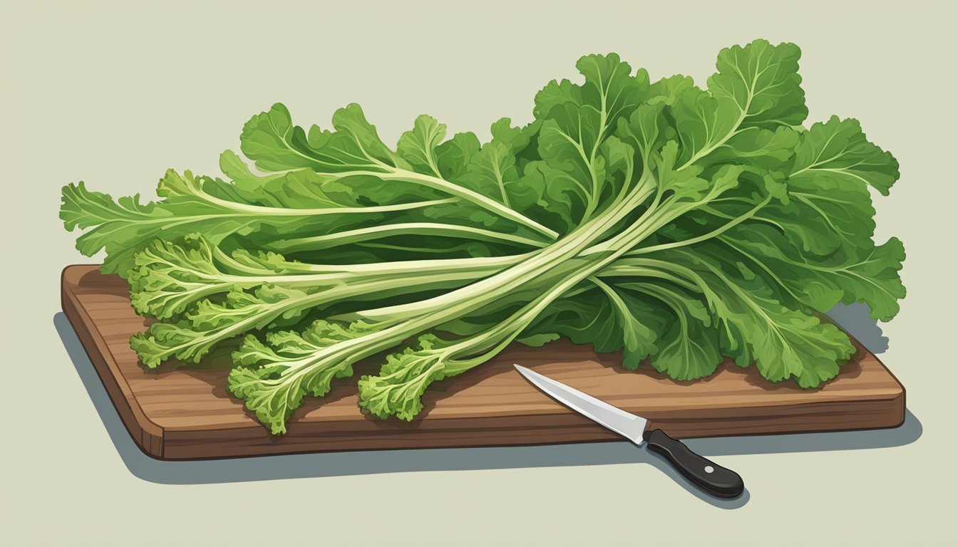 A bundle of mustard greens, some ripe and some unripe, arranged on a cutting board with a knife beside them