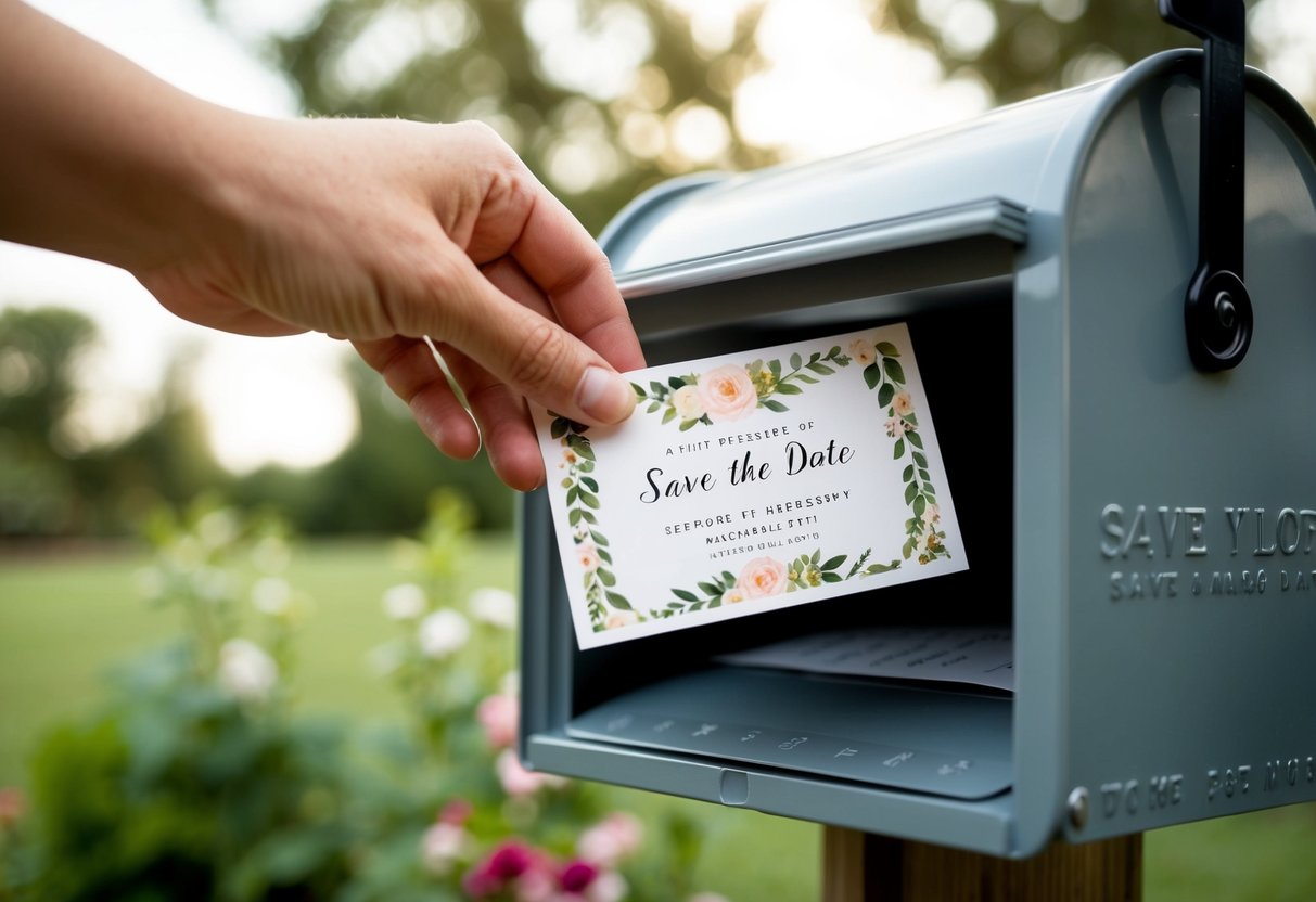 A hand placing a Save the Date card into a mailbox