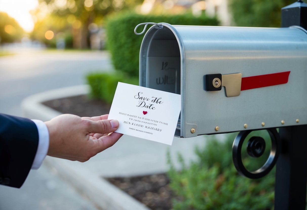 A hand placing a Save the Date card in a mailbox