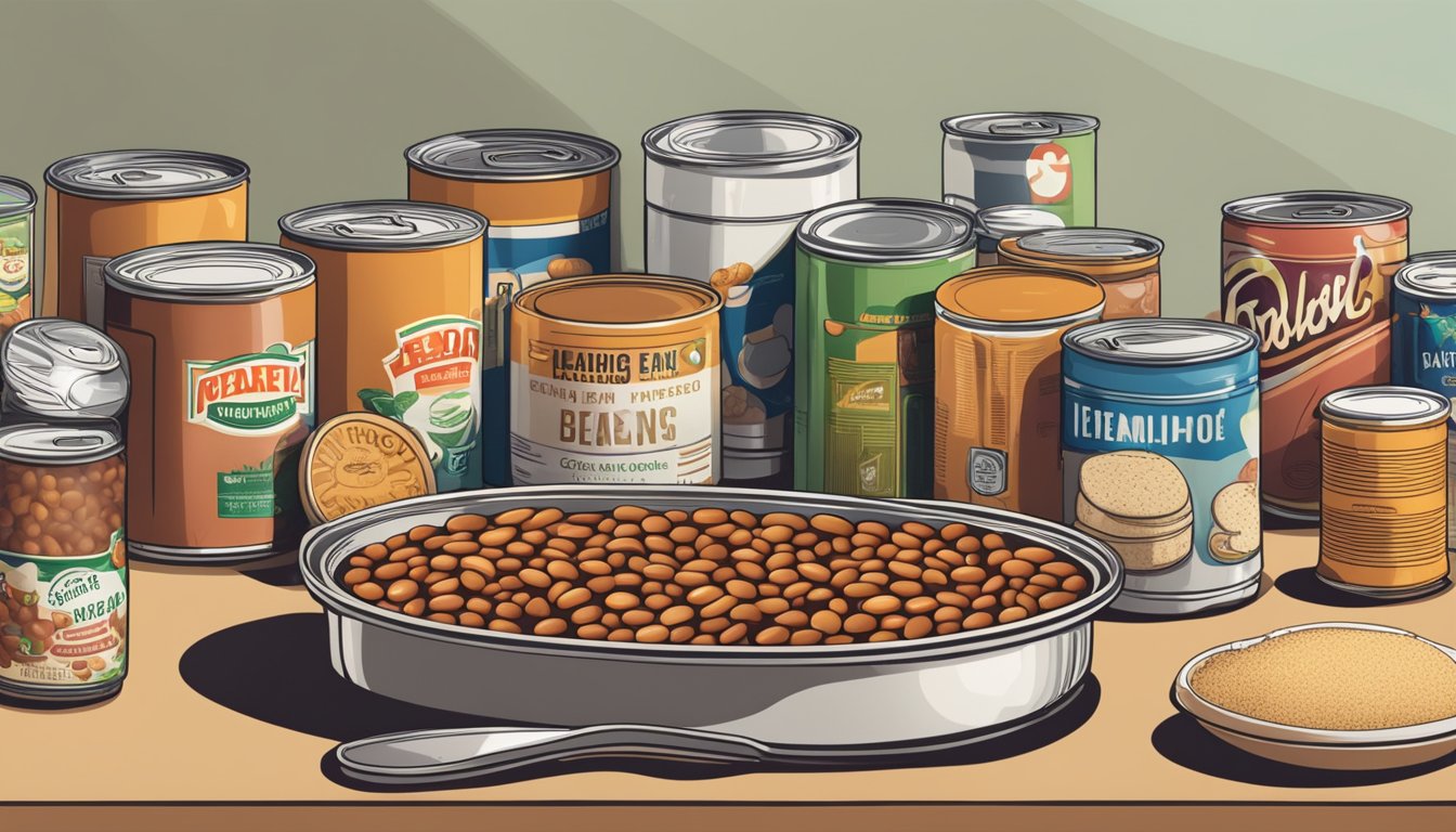 A can of baked beans sits on a kitchen counter, surrounded by various expired food items