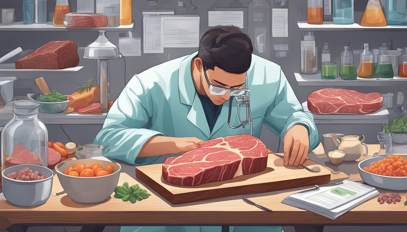 A person observing a raw steak on a cutting board, surrounded by various research articles and scientific equipment