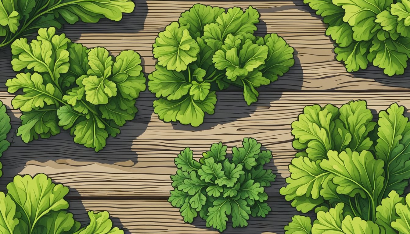 A bunch of mustard greens with vibrant green leaves, some ripe and others unripe, arranged on a wooden cutting board