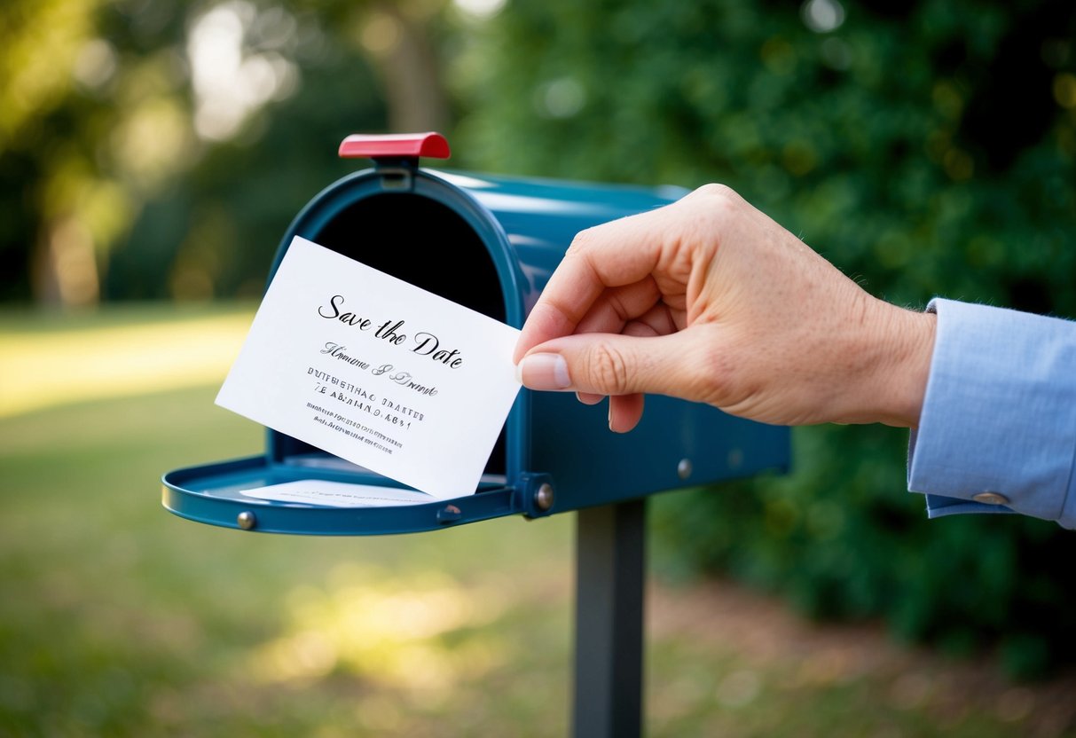 A hand placing a save the date card into a mailbox