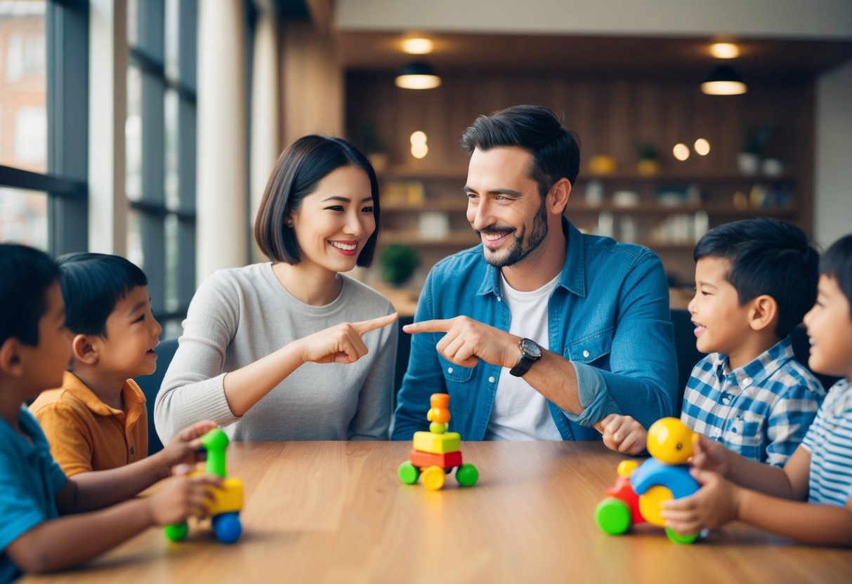 A couple sitting at a table, gesturing politely with smiles, while gently shaking their heads at a group of children holding toys and asking to join