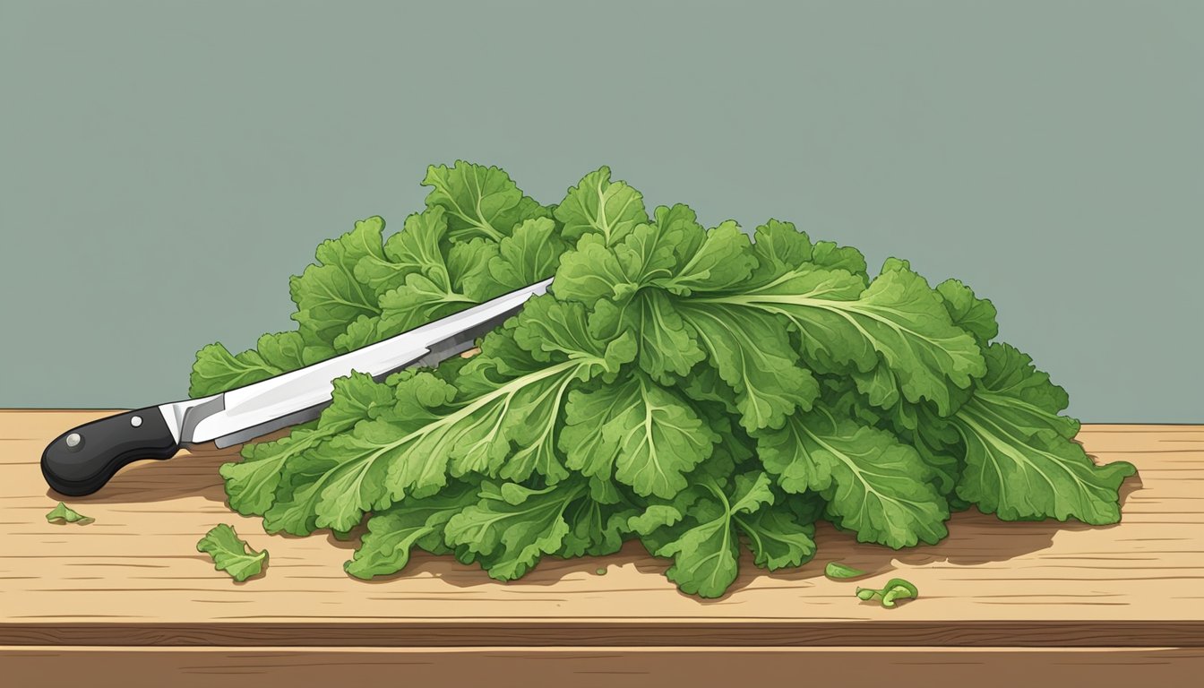 A pile of unripe mustard greens on a cutting board, with a knife and a warning sign next to it