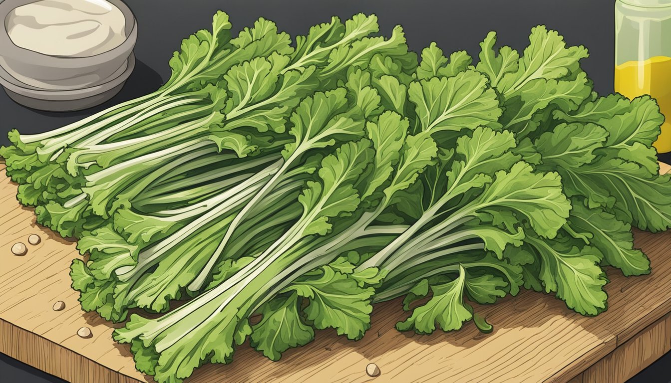 A vibrant bunch of mustard greens sits on a cutting board, ready to be prepped for cooking