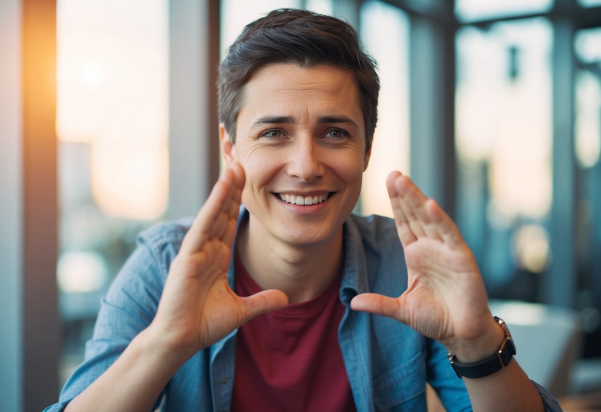 A person shaking their head and gently gesturing with their hands to indicate "no kids" with a warm smile