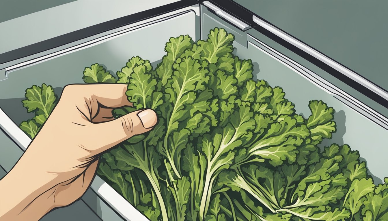 A hand reaching into a refrigerator drawer filled with fresh, vibrant mustard greens, carefully arranging them to maintain their crispness and freshness