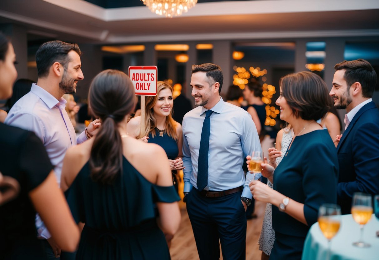 A group of adults conversing at a party, with a sign indicating "Adults Only" in a prominent location