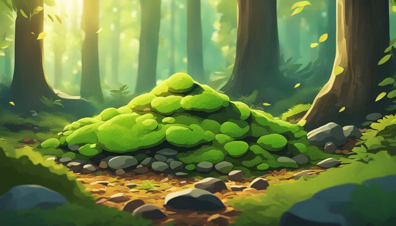 A pile of fresh green moss sits on a forest floor, surrounded by small rocks and fallen leaves. Sunlight filters through the trees, casting dappled shadows on the moss