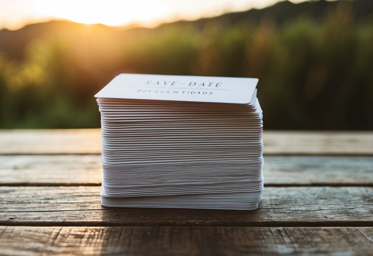 A stack of 100 save the date cards on a rustic wooden table