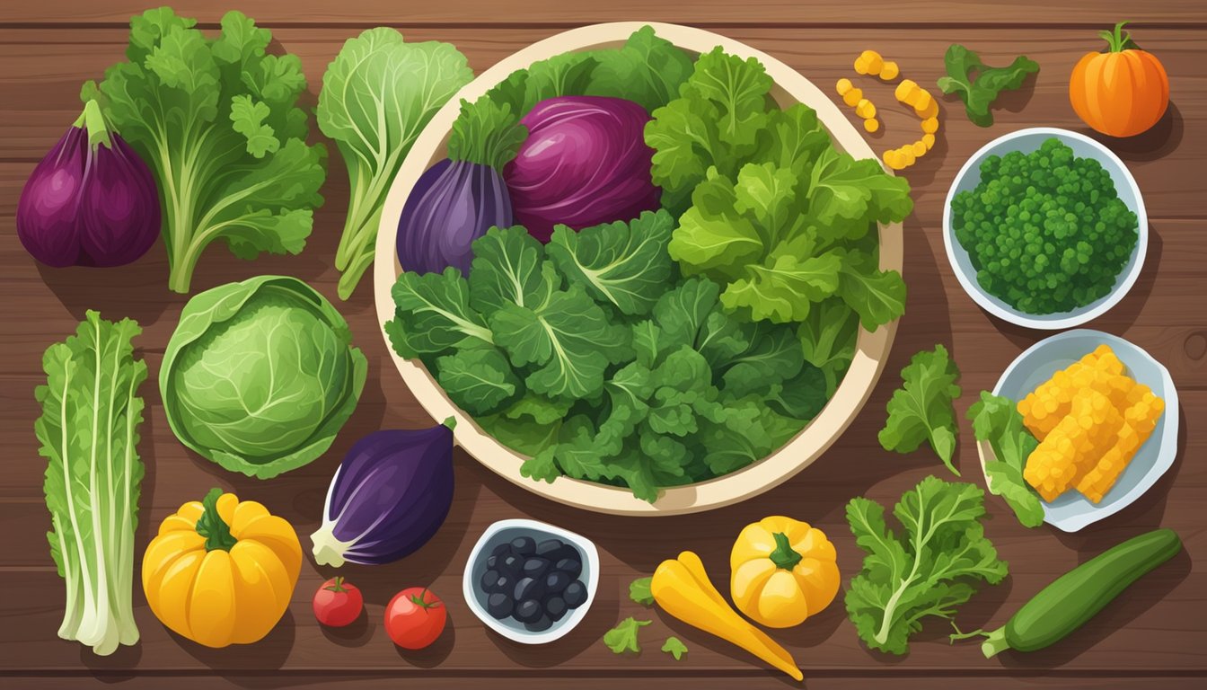 A bowl of vibrant, fresh mustard greens sits on a wooden cutting board next to a variety of colorful vegetables and fruits, conveying the idea of incorporating them into a healthy diet