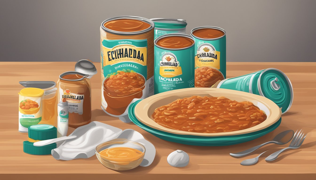 A can of expired enchilada sauce sits on a kitchen counter, surrounded by discarded packaging and utensils