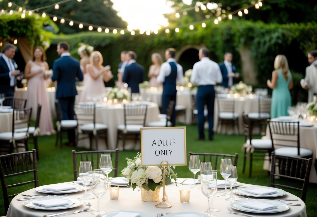 A serene garden party with elegant decor and sophisticated entertainment, with a sign politely stating "Adults Only."