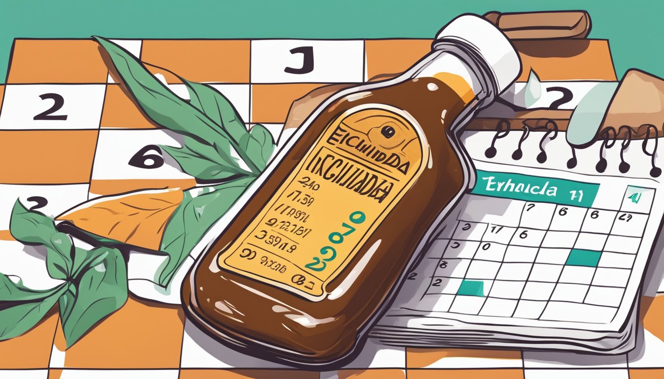 An open, expired enchilada sauce bottle next to a calendar showing the date. A question mark hovers over the sauce